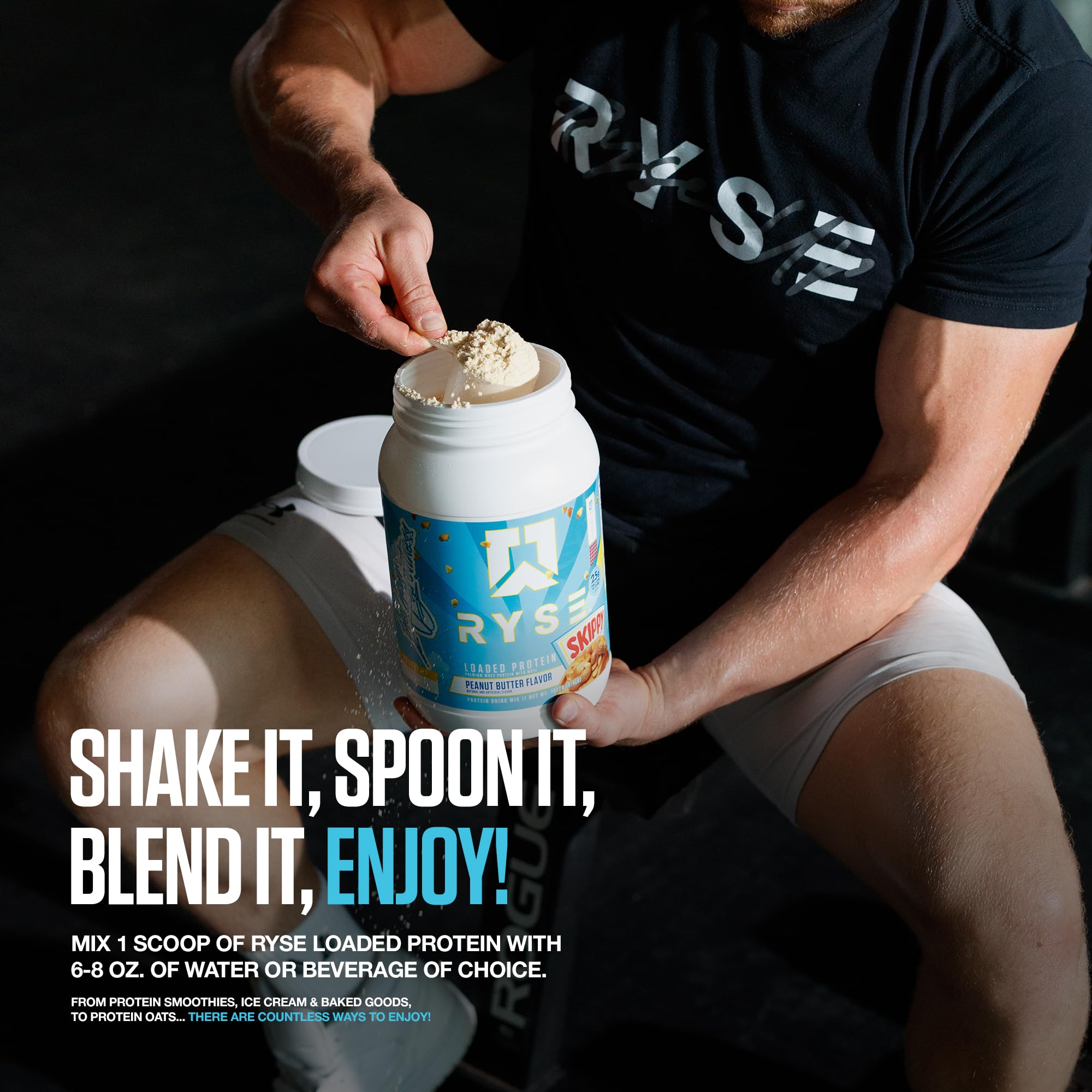 RYSE Up Supplements etiqueta con lista de ingredientes resaltando proteína, prebiótico y MCTs