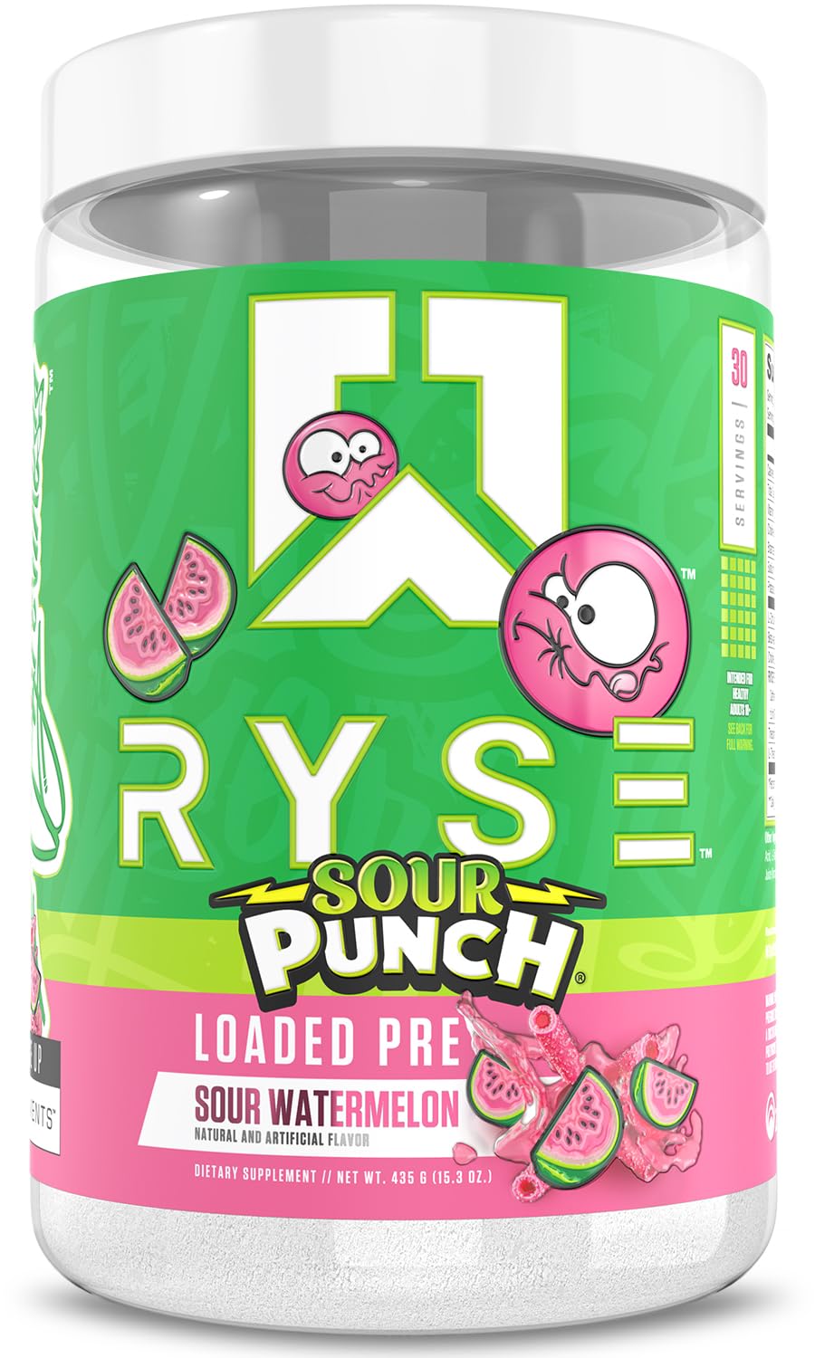 RYSE frasco frontal Sour Punch Watermelon mostrando diseño y beneficio energético