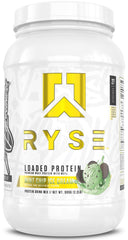 Envase RYSE Loaded Protein Mint Chip Ice Cream mostrando diseño y tamaño, fácil identificación de marca y sabor