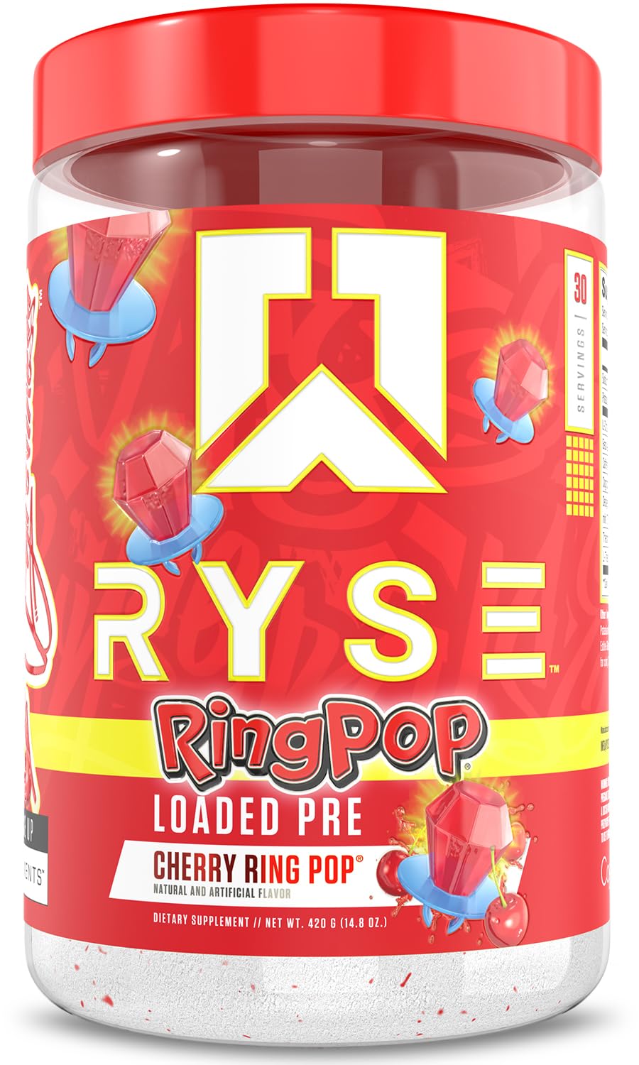RYSE Up Supplements envase frontal Ring Pop Cherry mostrando su diseño y 30 servicios