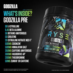 RYSE etiqueta detallada con lista de ingredientes clave para pump