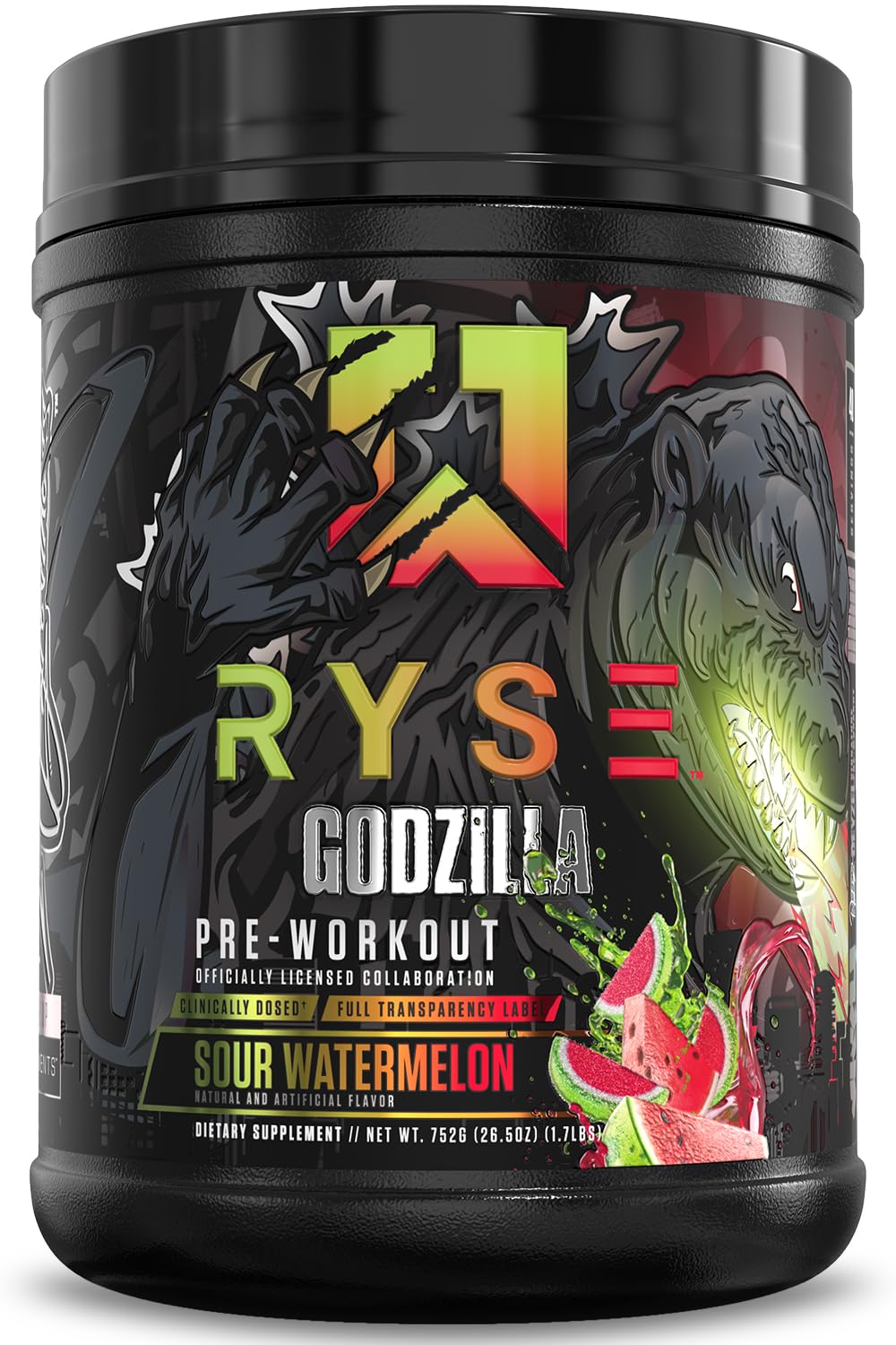RYSE Up Supplements presentación frontal del bote muestra fuerza y sabor sour watermelon