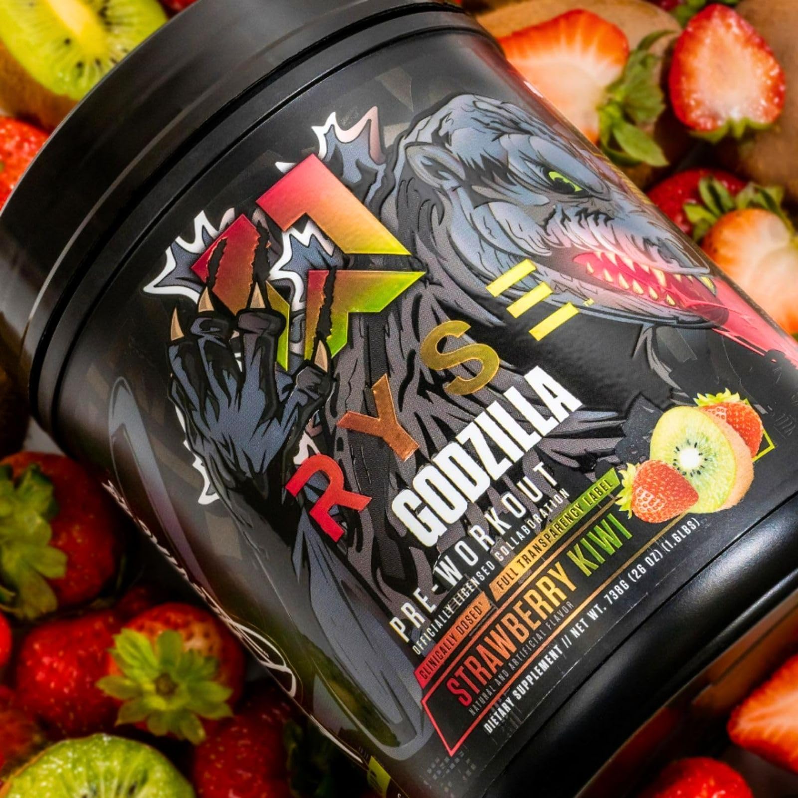 RYSE Godzilla envase en mano para escala, tamaño práctico de servicio