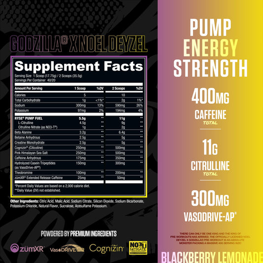 RYSE etiqueta en detalle indicando 400mg cafeína y ingredientes clave