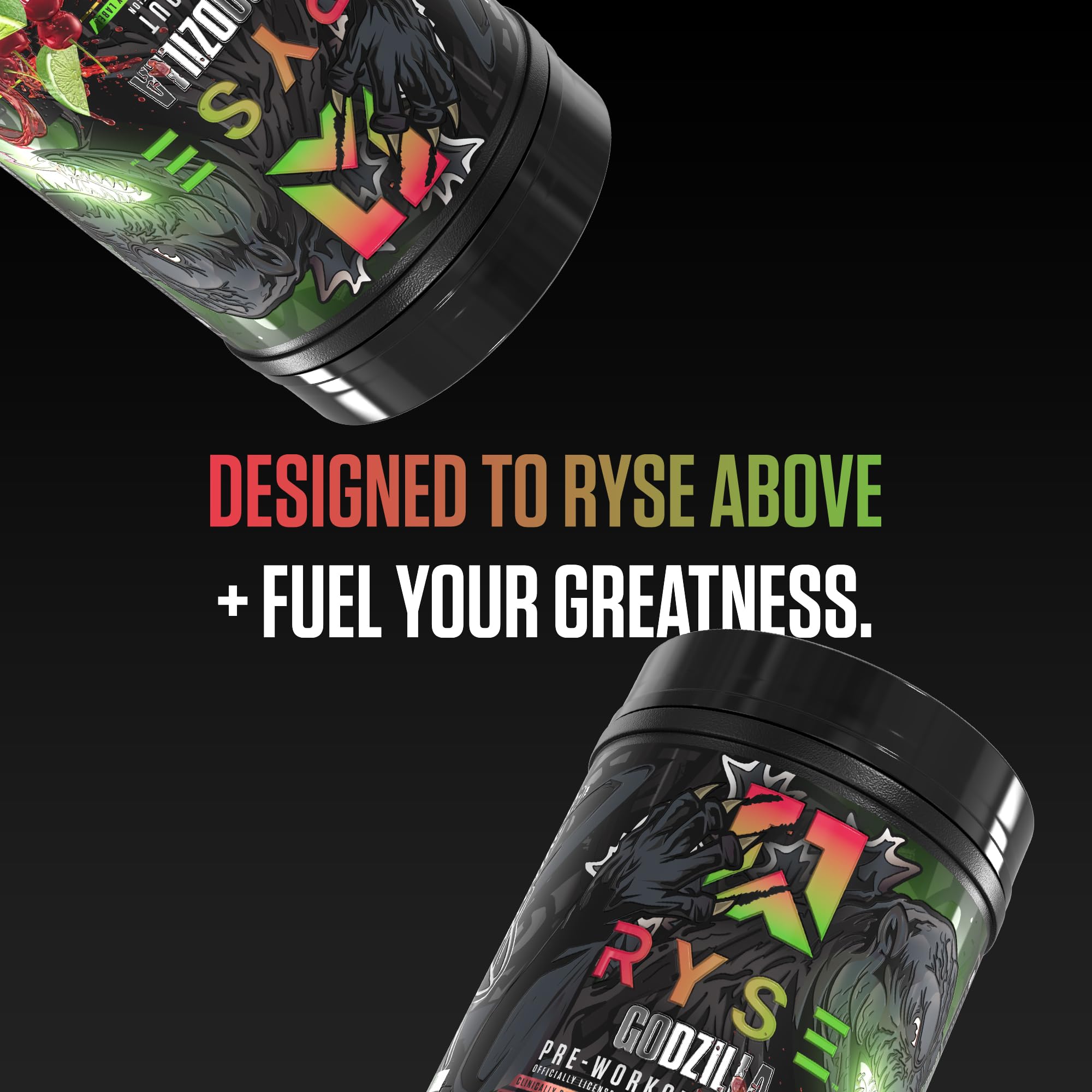 RYSE Up Supplements tamaño del bote comparado con mano para escala