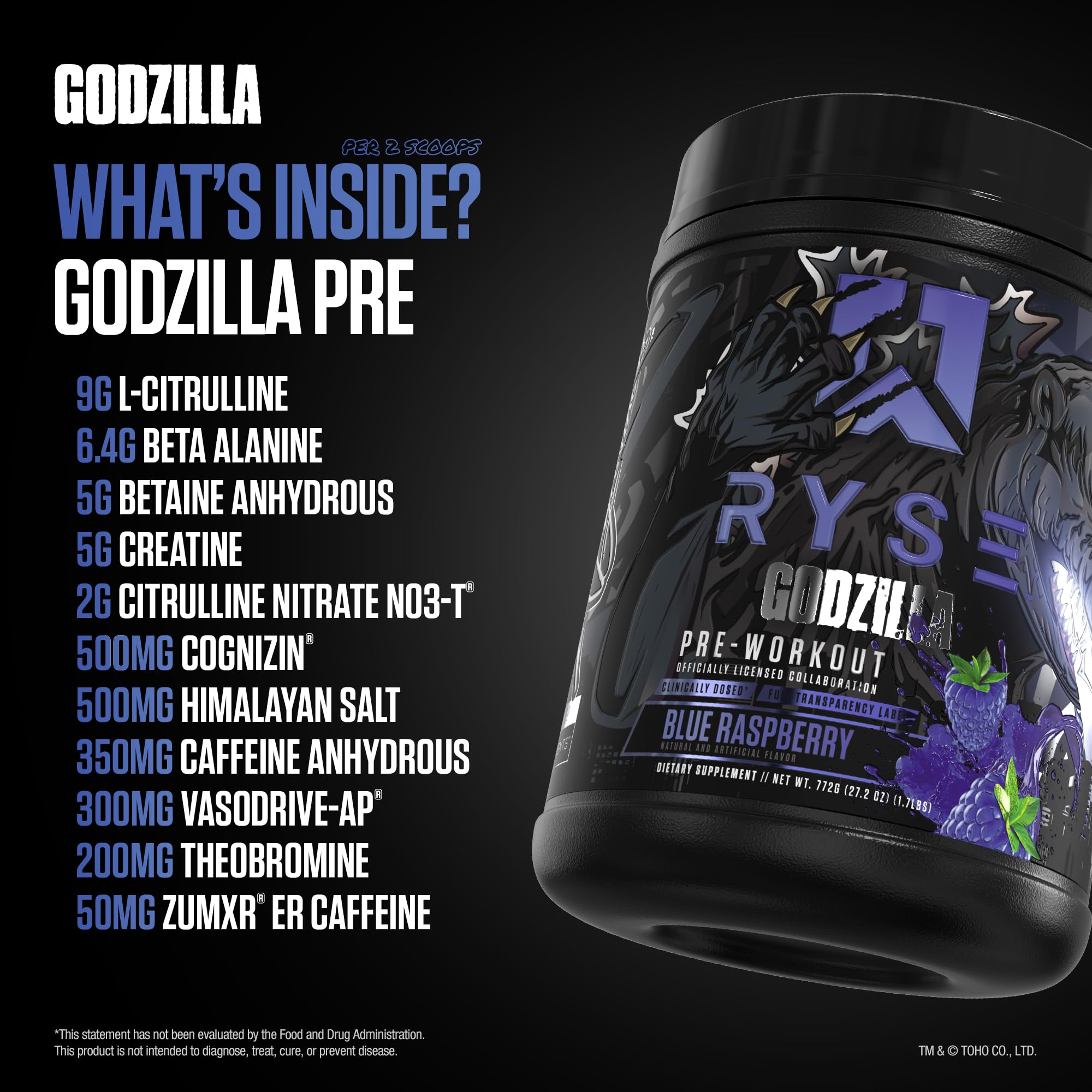 RYSE Godzilla X etiqueta de ingredientes señalando compuestos clave y dosis