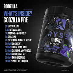 RYSE Godzilla X etiqueta de ingredientes señalando compuestos clave y dosis