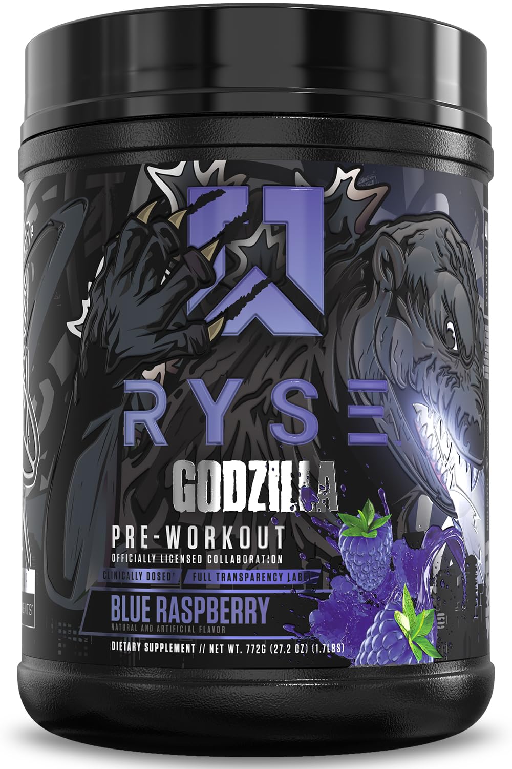 RYSE Godzilla X frontal del envase mostrando la marca y beneficio energía
