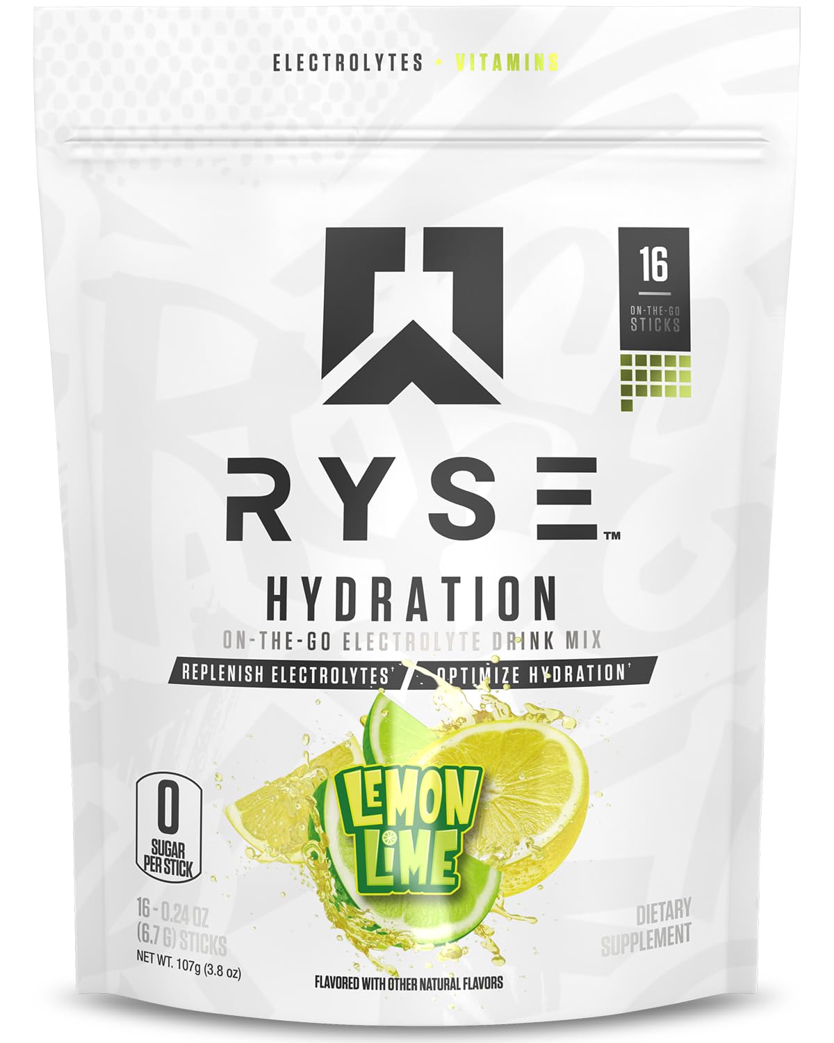 RYSE Up Supplements frente del empaque mostrando 16 sobres y beneficios
