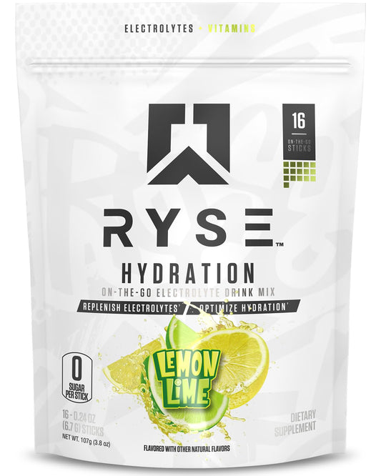 RYSE Up Supplements frente del empaque mostrando 16 sobres y beneficios