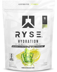 RYSE Up Supplements frente del empaque mostrando 16 sobres y beneficios