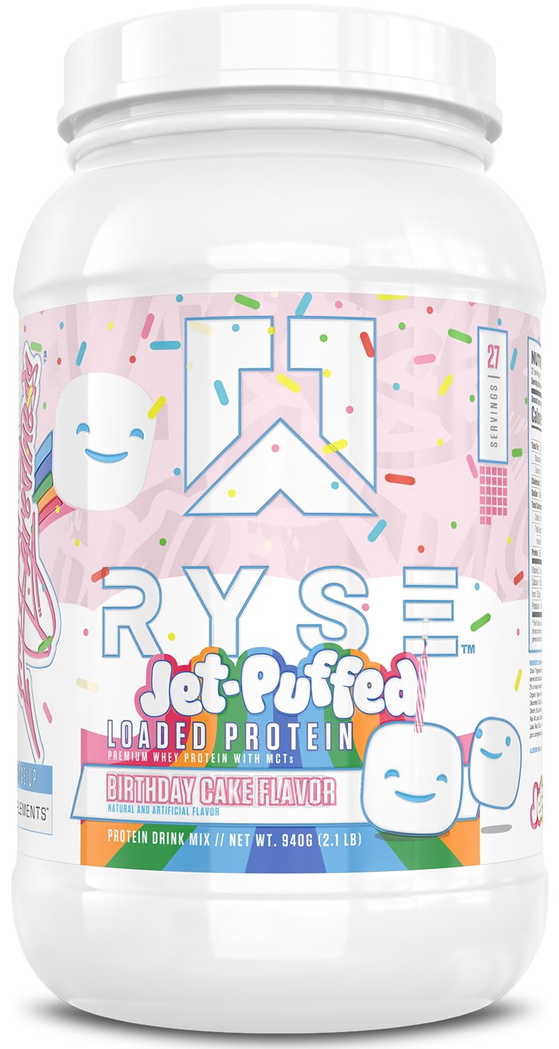 RYSE Up Supplements envase frontal del polvo Birthday Cake con diseño atractivo y claridad del producto