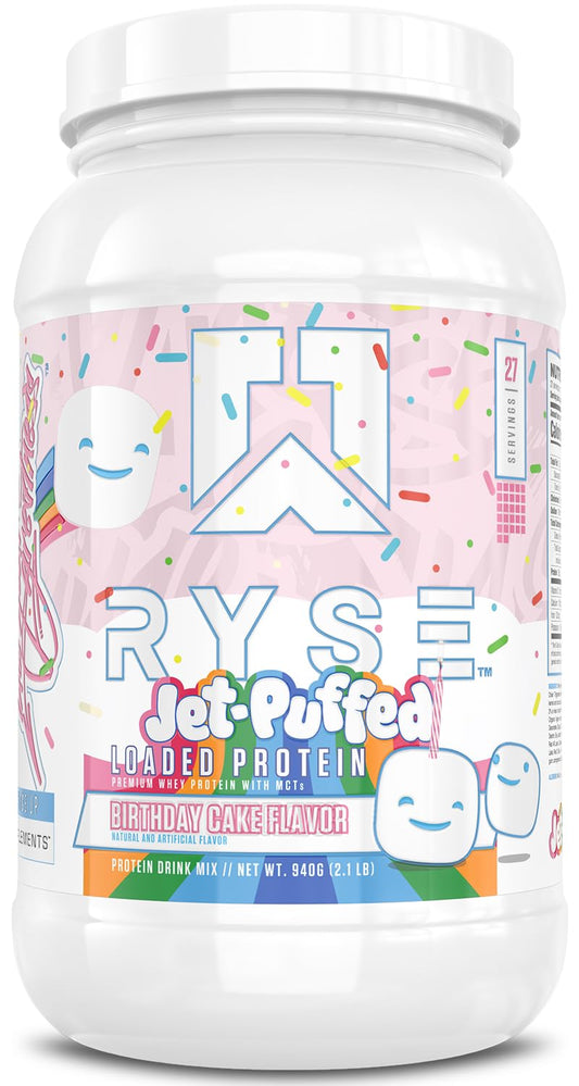 RYSE Up Supplements envase frontal del polvo Birthday Cake con diseño atractivo y claridad del producto