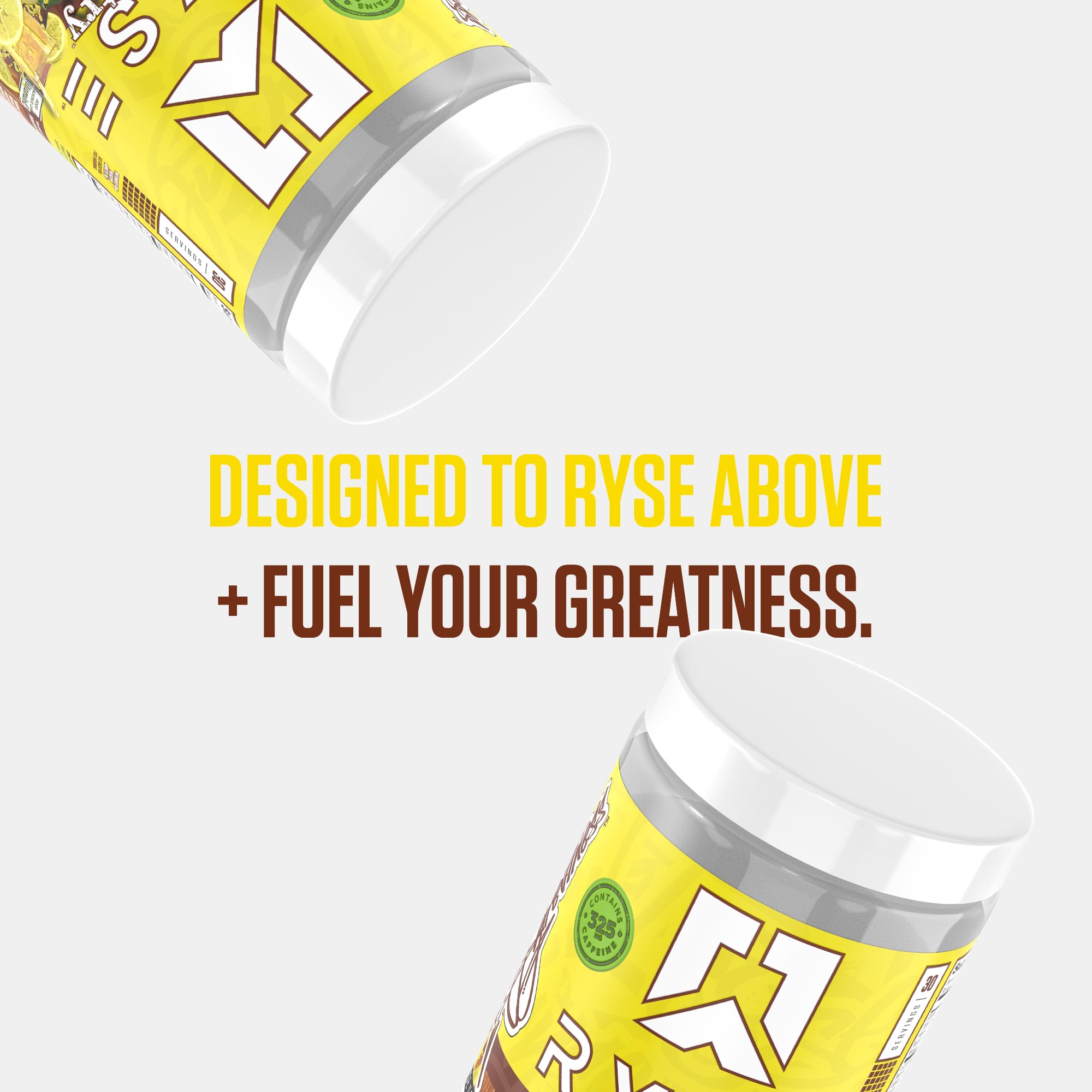 Envase de RYSE Up Supplements junto a mano para comparar escala y tamaño del producto