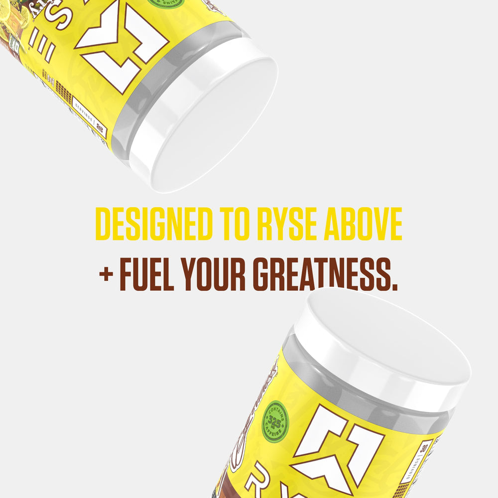 Envase de RYSE Up Supplements junto a mano para comparar escala y tamaño del producto
