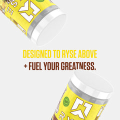 Envase de RYSE Up Supplements junto a mano para comparar escala y tamaño del producto