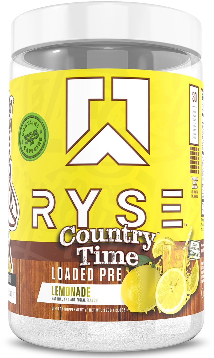 RYSE Up Supplements envase frontal Country Time Lemonade mostrando 30 servicios y marca