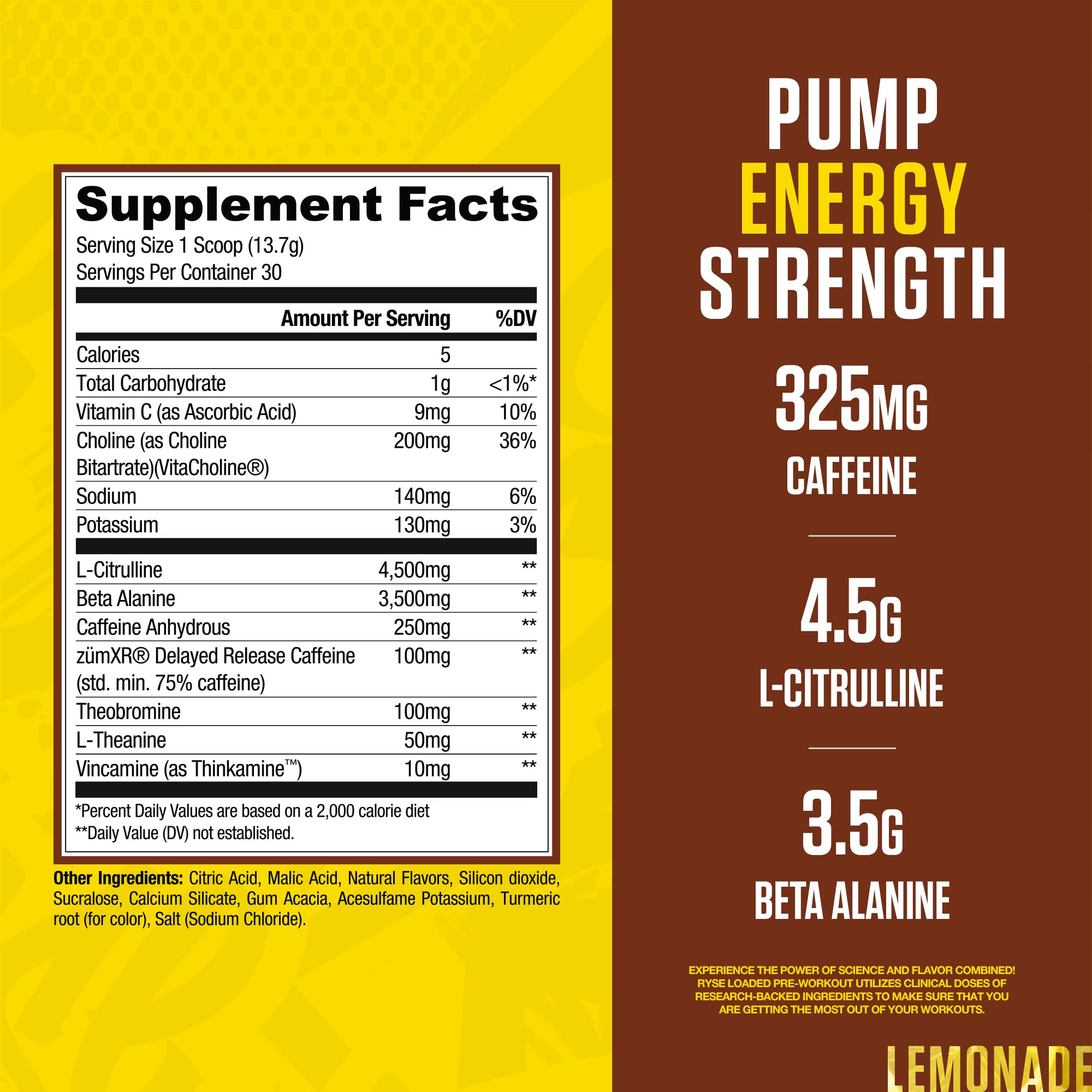 RYSE Up Supplements etiqueta lateral con panel de ingredientes y beneficios claros