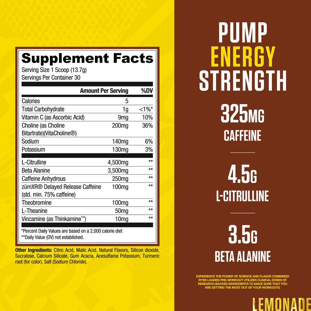 RYSE Up Supplements etiqueta lateral con panel de ingredientes y beneficios claros