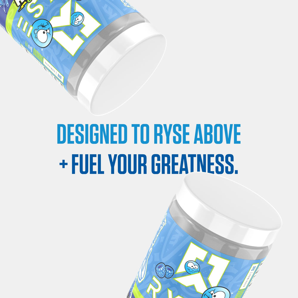 RYSE Up Supplements bote en gimnasio junto a pesas para enfoque y rendimiento