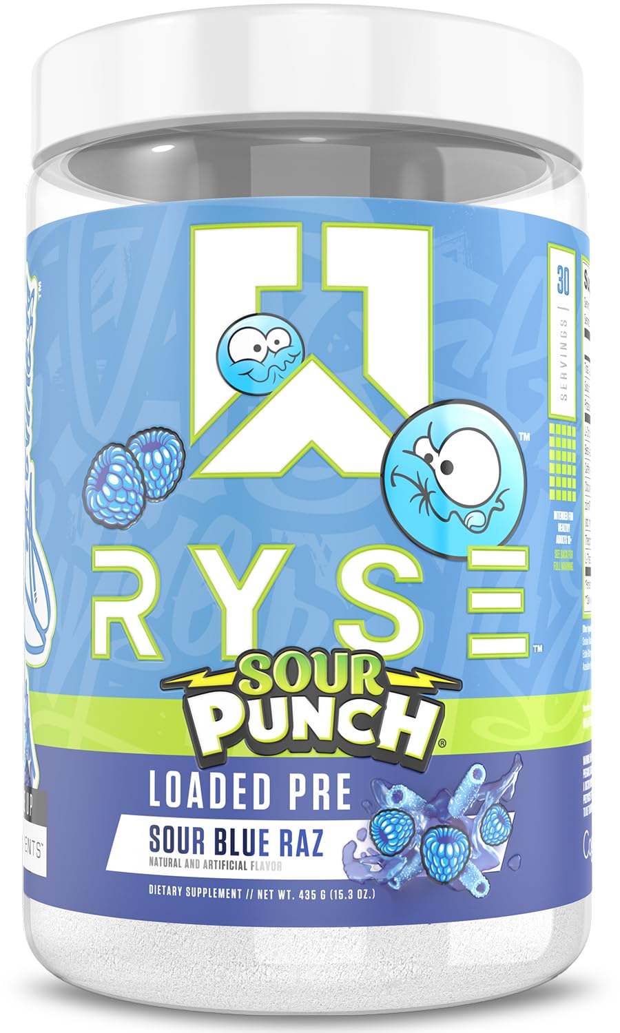 RYSE Up Supplements envase frontal Sour Punch Blue Raz beneficiando motivación