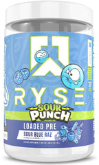 RYSE Up Supplements envase frontal Sour Punch Blue Raz beneficiando motivación