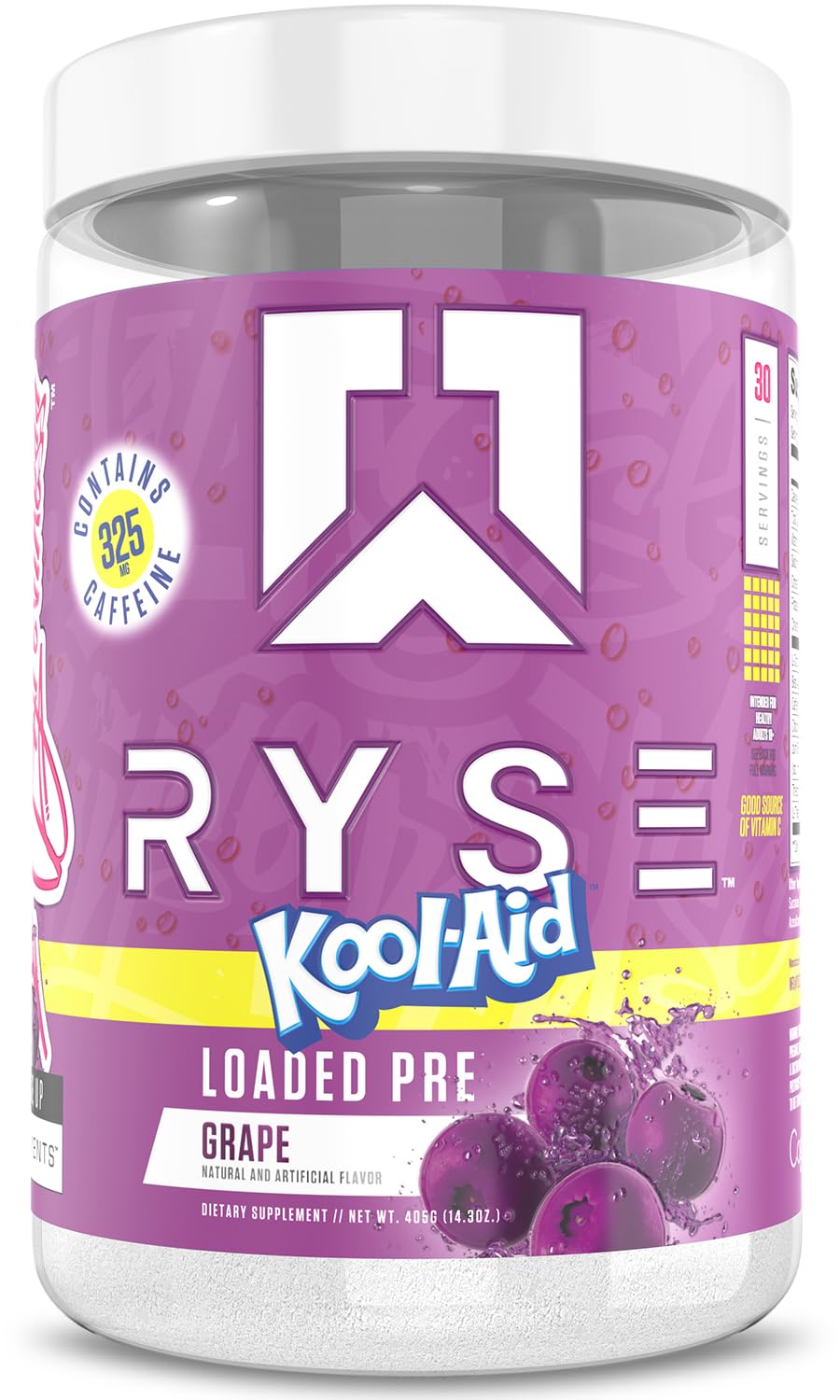 RYSE Up Supplements bote frente muestra sabor Kool-Aid Grape y marca visible