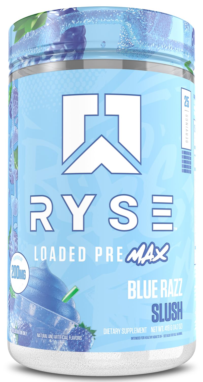 RYSE Up Supplements envase frontal Blue Razz Slush mostrando marca y energía