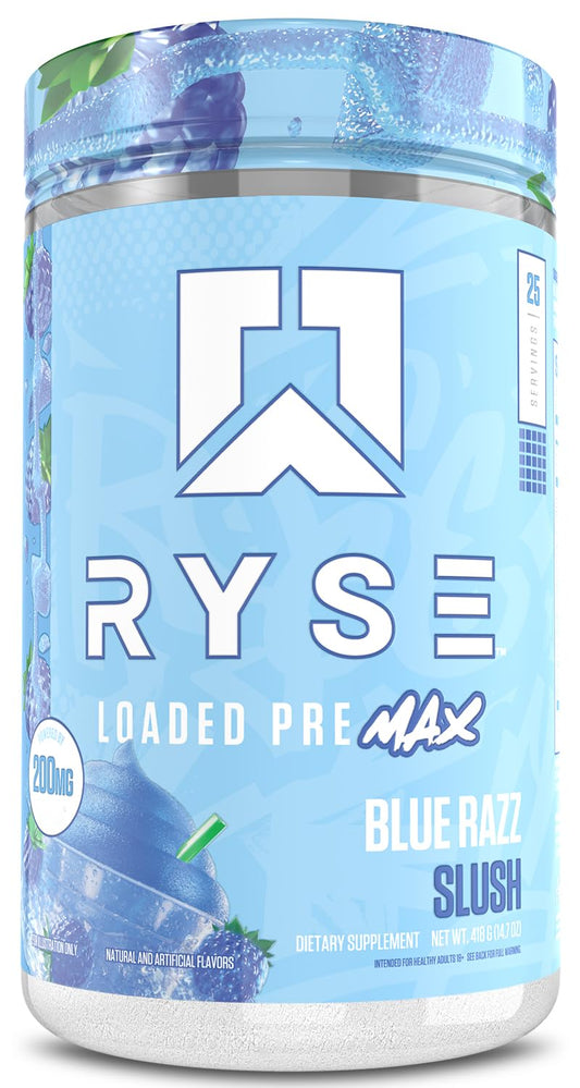 RYSE Up Supplements envase frontal Blue Razz Slush mostrando marca y energía