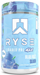 RYSE Up Supplements envase frontal Blue Razz Slush mostrando marca y energía