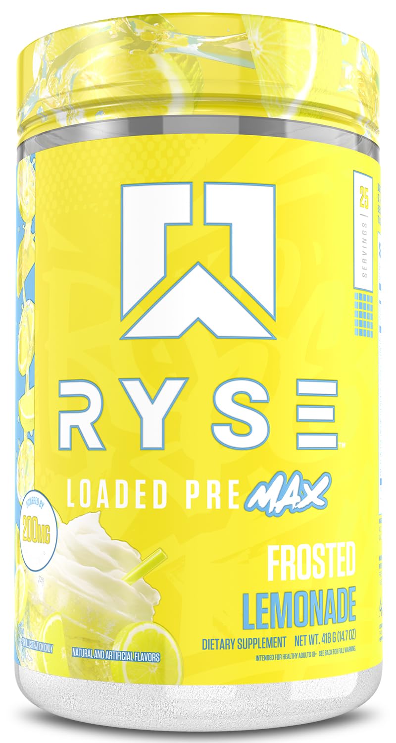 RYSE Up Supplements bote frontal y sabor Frosted Lemonade mostrando diseño atractivo