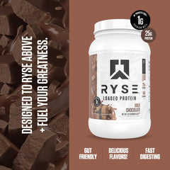 RYSE Up Supplements batido chocolate servido en vaso, energía y recuperación rápida