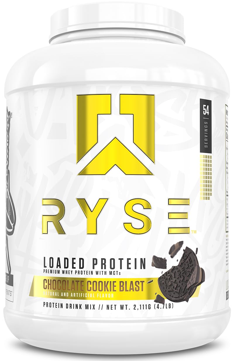 RYSE Up Supplements envase frontal mostrando sabor galleta de chocolate y beneficio proteico