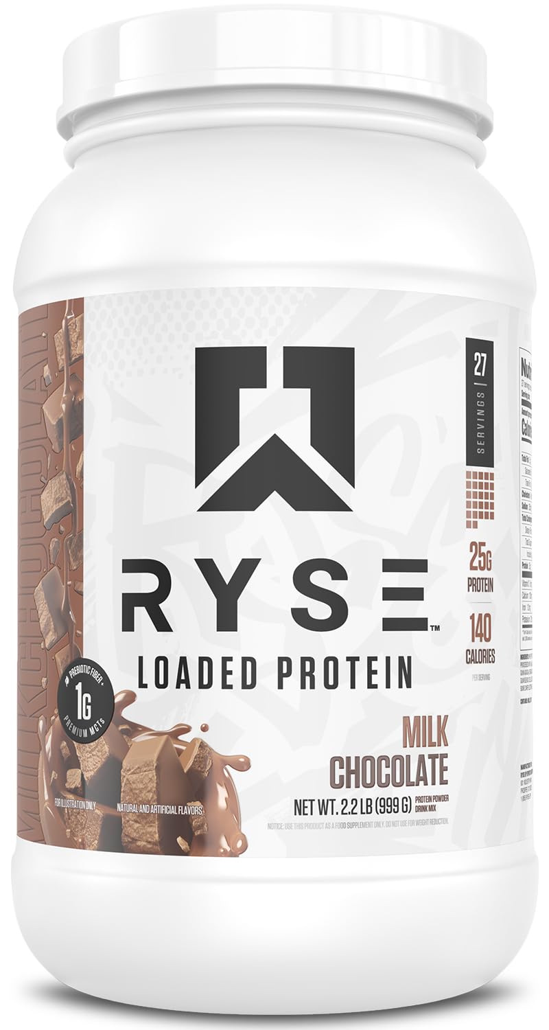 RYSE Up Supplements envase frontal Milk Chocolate con etiqueta clara y beneficios listados
