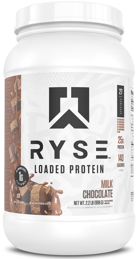 RYSE Up Supplements envase frontal Milk Chocolate con etiqueta clara y beneficios listados