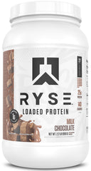 RYSE Up Supplements envase frontal Milk Chocolate con etiqueta clara y beneficios listados