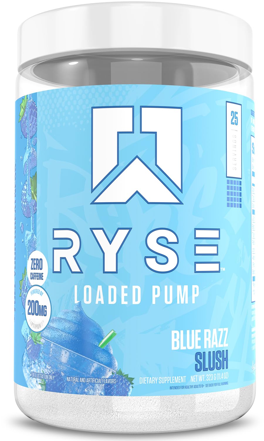 RYSE Up Supplements bote frontal Blue Razz Slush mostrando envase y 25 servicios para rendimiento