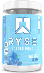 RYSE Up Supplements bote frontal Blue Razz Slush mostrando envase y 25 servicios para rendimiento