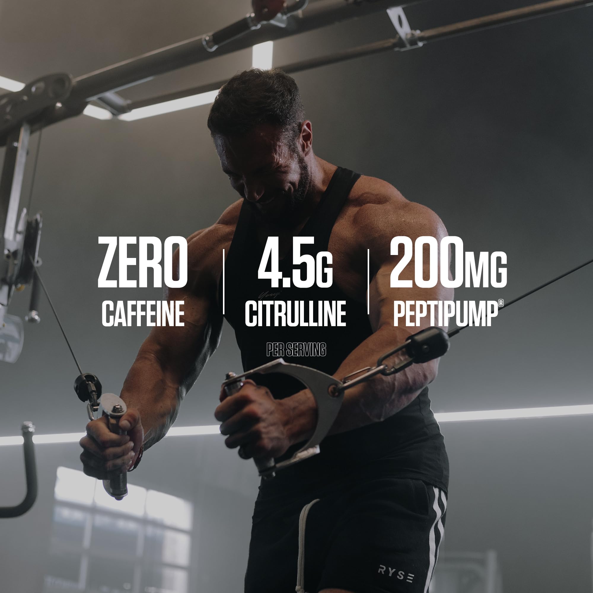 RYSE Up Supplements etiqueta con ingredientes y dosis (L-Citrulline, Betaine, Taurine, AstraGin) visible