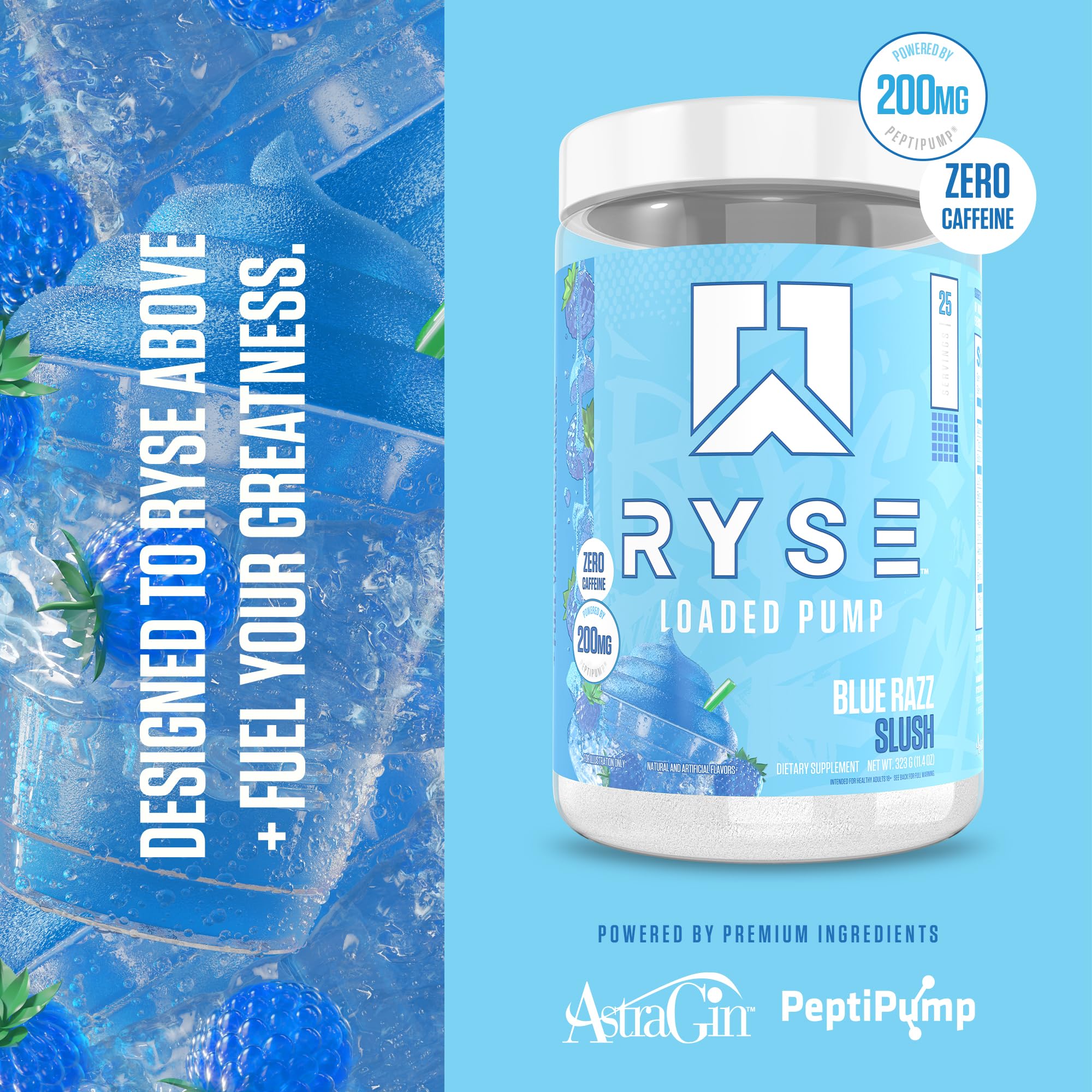 RYSE Up Supplements cucharada con una porción de polvo lista para preparar antes de entrenar