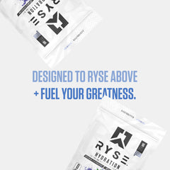RYSE Up Supplements comparación de tamaño de sobre junto a una mano para referencia de porción portátil