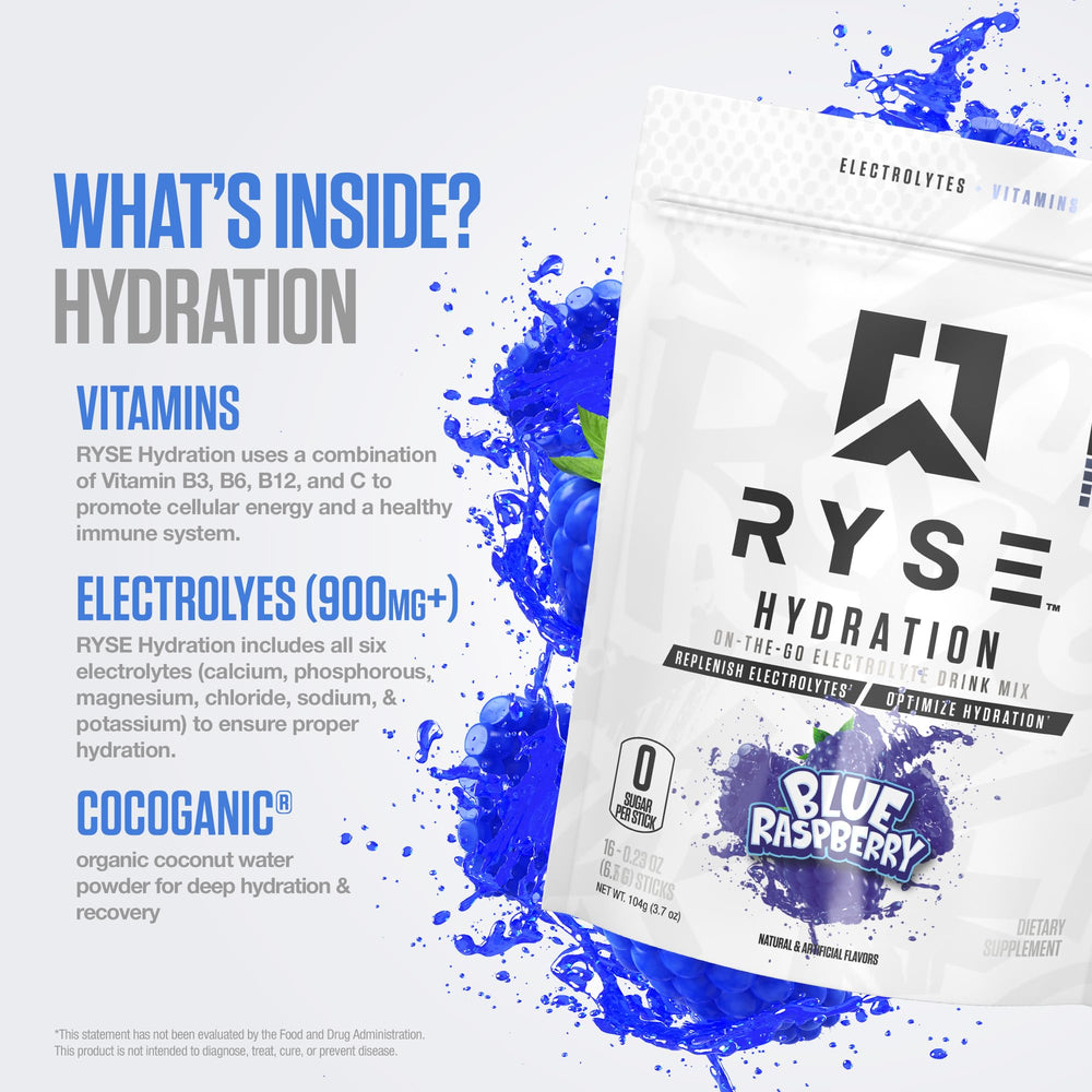 RYSE Up Supplements bebida disuelta en vaso transparente demostrando mezcla sin grumos y sabor refrescante