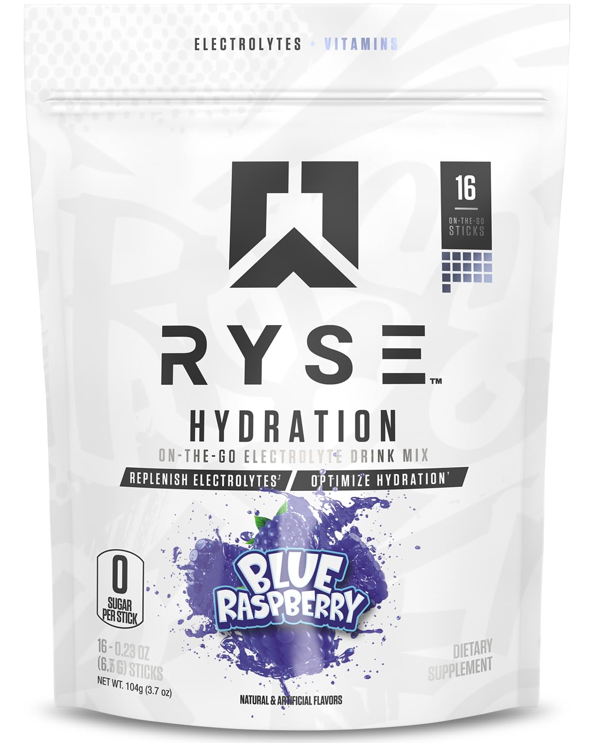 RYSE Up Supplements empaque frontal de 16 sobres mostrando el sabor blue raspberry y beneficios