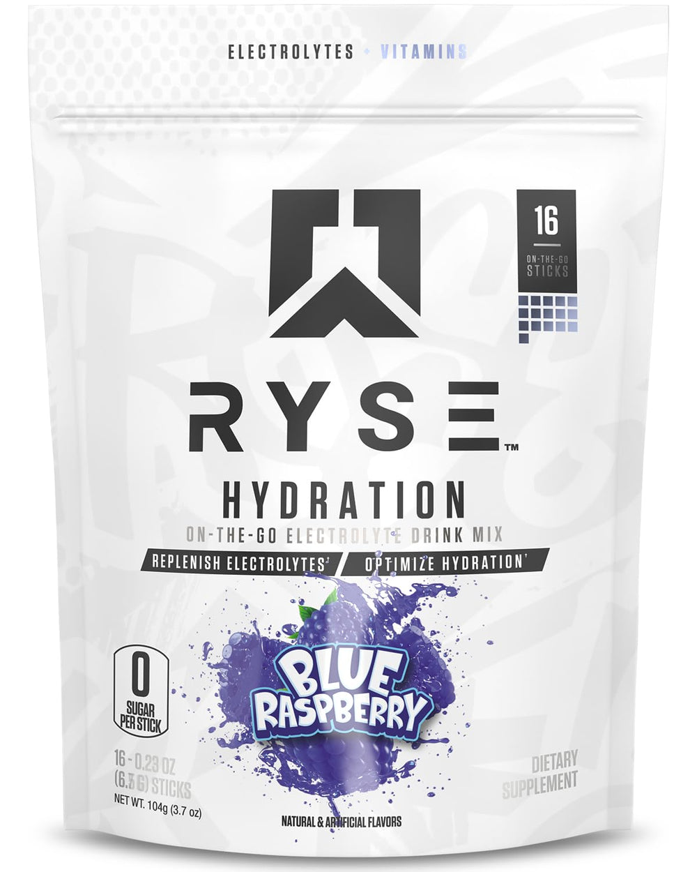RYSE Up Supplements empaque frontal de 16 sobres mostrando el sabor blue raspberry y beneficios