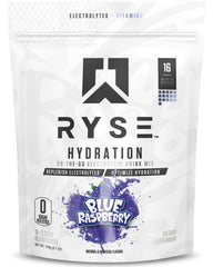 RYSE Up Supplements empaque frontal de 16 sobres mostrando el sabor blue raspberry y beneficios