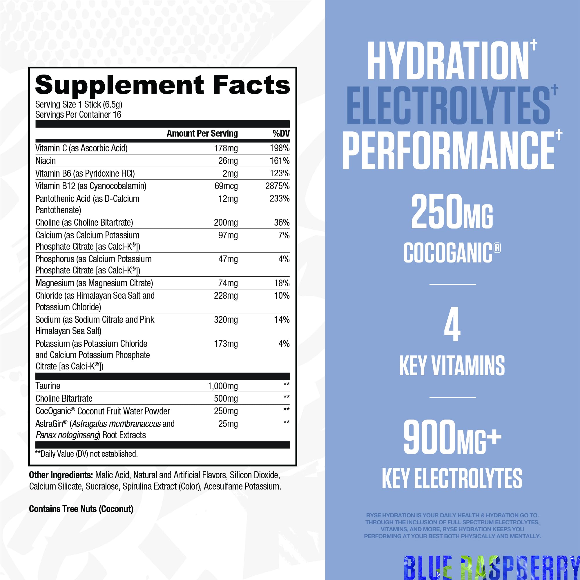 RYSE Up Supplements sobre abierto con polvo azul raspado, fácil preparación e hidratación rápida
