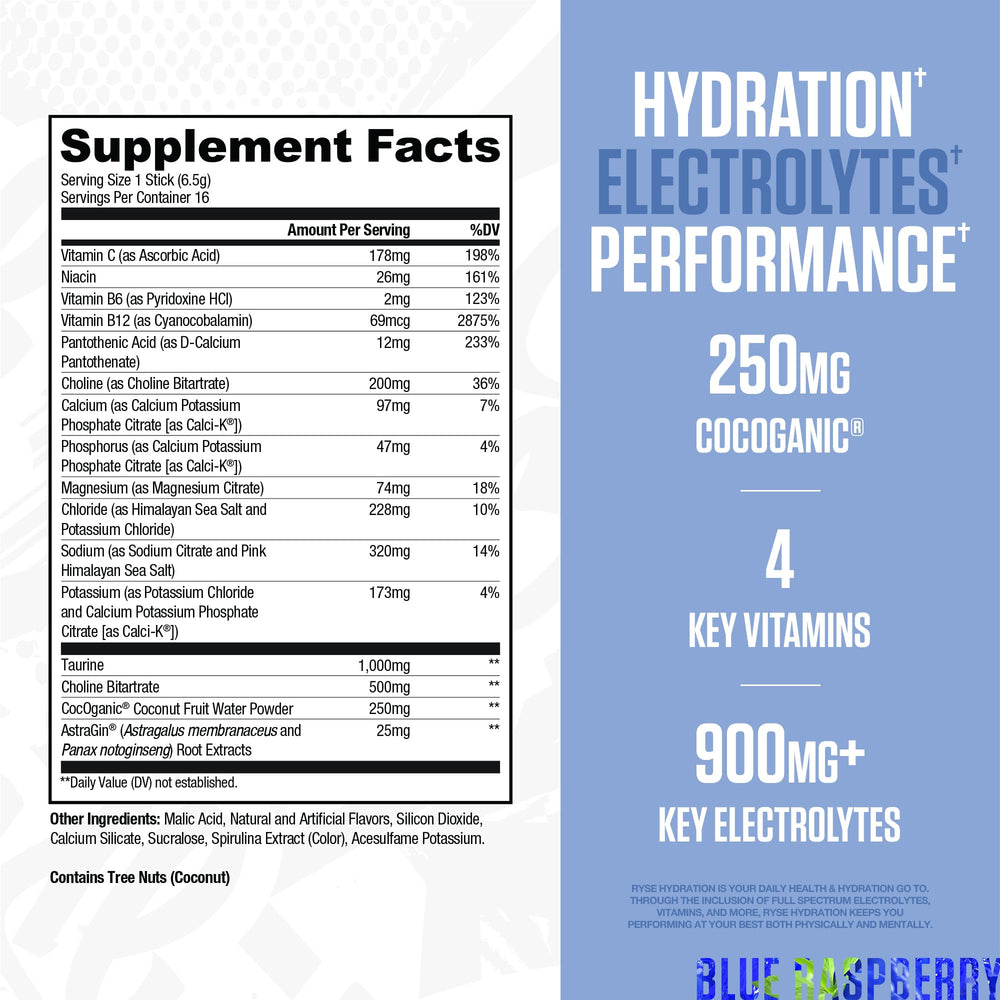 RYSE Up Supplements sobre abierto con polvo azul raspado, fácil preparación e hidratación rápida