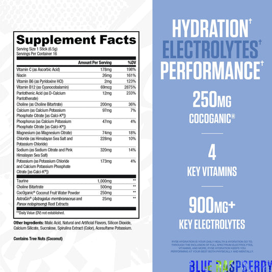 RYSE Up Supplements sobre abierto con polvo azul raspado, fácil preparación e hidratación rápida