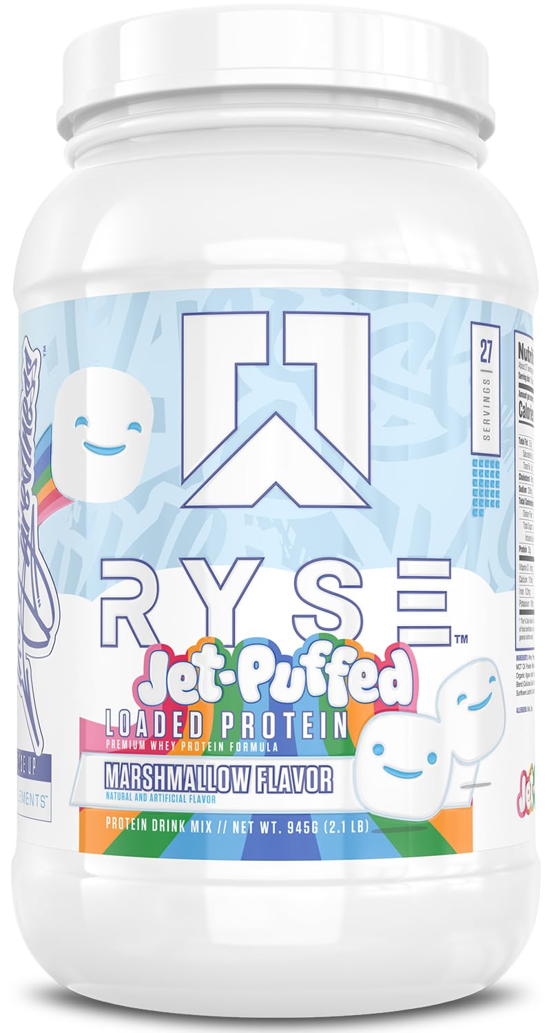 RYSE Up Supplements envase frontal 2 lb mostrando la marca y el sabor Jet-Puffed Marshmallow, ideal para identificar el producto