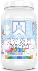 RYSE Up Supplements envase frontal 2 lb mostrando la marca y el sabor Jet-Puffed Marshmallow, ideal para identificar el producto